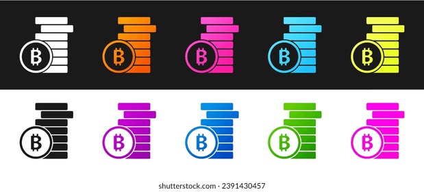 Set Cryptocurrency coin Bitcoin icon isolated on black and white background. Physical bit coin. Blockchain based secure crypto currency.  Vector