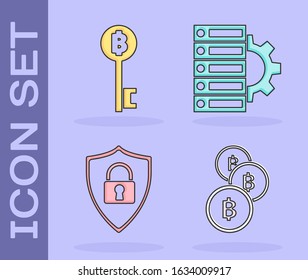 Set Cryptocurrency coin Bitcoin, Cryptocurrency Bitcoin key, Shield security with lock and Server and gear icon. Vector