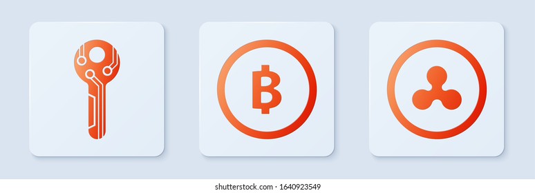 Set Cryptocurrency coin Bitcoin, Cryptocurrency key and Cryptocurrency coin Ripple XRP. White square button. Vector