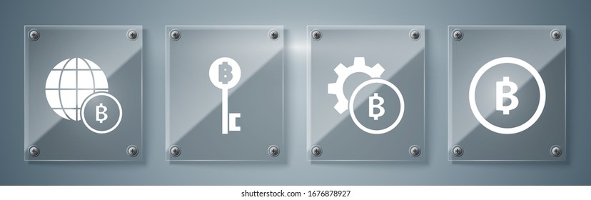 Set Cryptocurrency coin Bitcoin, Cryptocurrency coin Bitcoin, Cryptocurrency Bitcoin key and Globe and cryptocurrency coin Bitcoin. Square glass panels. Vector