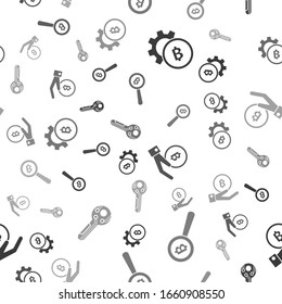 Set Cryptocurrency coin Bitcoin, Magnifying glass with Bitcoin, Hand holding Bitcoin and Cryptocurrency key on seamless pattern. Vector