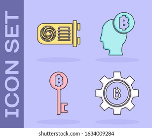 Set Cryptocurrency coin Bitcoin, Mining farm, Cryptocurrency Bitcoin key and Bitcoin think icon. Vector