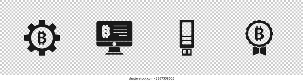 Set Cryptocurrency coin Bitcoin, Mining bitcoin from monitor, USB flash drive and  icon. Vector