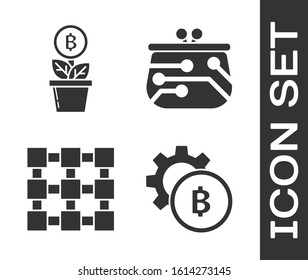 Set Cryptocurrency coin Bitcoin, Bitcoin plant in the pot, Blockchain technology and Cryptocurrency wallet icon. Vector