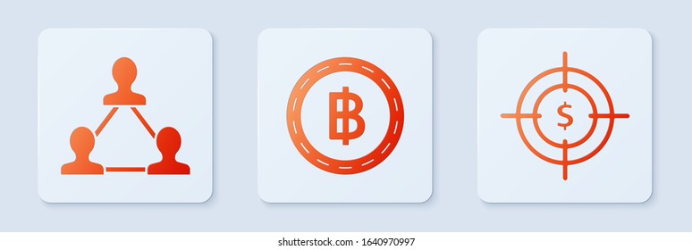 Set Cryptocurrency coin Bitcoin, Project team base and Target with dollar symbol. White square button. Vector