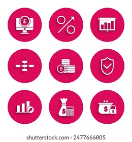Set Cryptocurrency coin Bitcoin, schedule, chart, diagram, infographic, pie graph, Business hierarchy organogram infographics, board and Computer monitor pound sterling symbol icon. Vector