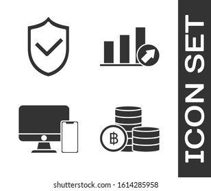 Set Cryptocurrency coin Bitcoin, Shield with check mark, American football helmet and shield and Presentation financial with graph, schedule, chart, diagram, infographic, pie graph icon. Vector