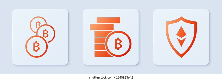 Set Cryptocurrency coin Bitcoin, Cryptocurrency coin Bitcoin and Shield Ethereum ETH. White square button. Vector