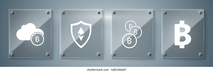 Set Cryptocurrency coin Bitcoin, Cryptocurrency coin Bitcoin, Shield Ethereum ETH and Cryptocurrency cloud mining. Square glass panels. Vector