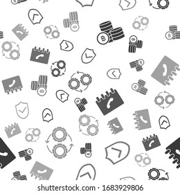 Set Cryptocurrency coin Bitcoin, Shield with check mark, Address book and Gear and arrows as workflow process concept on seamless pattern. Vector