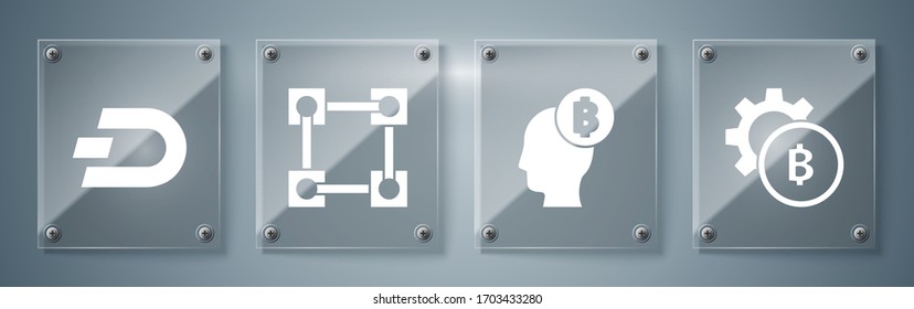 Ponga la moneda de criptomoneda Bitcoin, Bitcoin piensa, la tecnología Blockchain y la moneda de criptografía Dash. Paneles de vidrio cuadrado. Vector