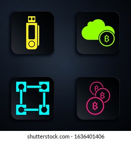 Set Cryptocurrency coin Bitcoin, USB flash drive, Blockchain technology and Cryptocurrency cloud mining. Black square button. Vector