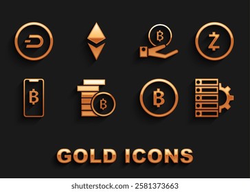 Set Cryptocurrency coin Bitcoin, Zcash ZEC, Server and gear, Phone mobile cryptocurrency, Hand holding, Dash and Ethereum ETH icon. Vector