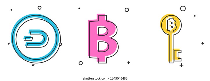 Establecer el icono de clave de Bitcoin de moneda de criptografía: Dash, moneda de criptografía Bitcoin y Cryptocurrency. Vector