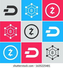 Set Cryptocurrency coin Dash, Blockchain technology Bitcoin and Cryptocurrency coin Zcash ZEC icon. Vector