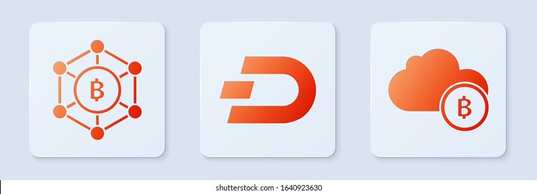 Set Cryptocurrency coin Dash, Blockchain technology Bitcoin and Cryptocurrency cloud mining. White square button. Vector