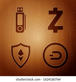 Set Cryptocurrency coin Dash, USB flash drive, Shield Ethereum ETH and Cryptocurrency coin Zcash ZEC on wooden background. Vector