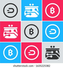 Set Cryptocurrency coin Dash, Cryptocurrency wallet and Cryptocurrency coin Bitcoin icon. Vector