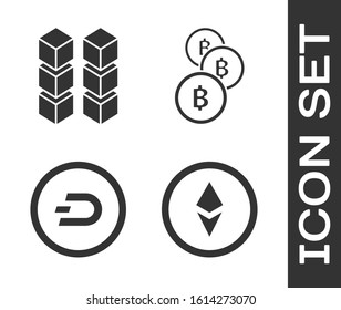 Set Cryptocurrency coin Ethereum ETH, Blockchain technology, Cryptocurrency coin Dash and Cryptocurrency coin Bitcoin icon. Vector