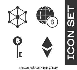Set Cryptocurrency coin Ethereum ETH, Blockchain technology, Cryptocurrency Bitcoin key and Globe and cryptocurrency coin Bitcoin icon. Vector