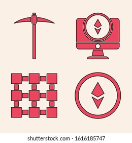 Set Cryptocurrency coin Ethereum ETH, Pickaxe, Monitor and Cryptocurrency coin Ethereum ETH and Blockchain technology icon. Vector