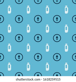 Set Cryptocurrency coin Ethereum ETH and USB flash drive on seamless pattern. Vector