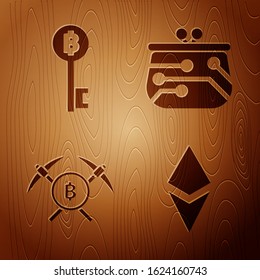 Set Cryptocurrency coin Ethereum ETH, Cryptocurrency Bitcoin key, Crossed pickaxe and Cryptocurrency wallet on wooden background. Vector