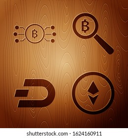 Set Cryptocurrency coin Ethereum ETH, Cryptocurrency bitcoin in circle with microchip circuit, Cryptocurrency coin Dash and Magnifying glass with Bitcoin on wooden background. Vector