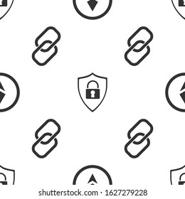 Set Cryptocurrency coin Ethereum ETH, Shield security with lock and Chain link on seamless pattern. Vector