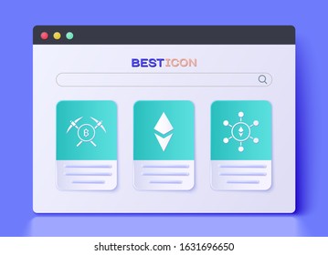 Set Cryptocurrency coin Ethereum ETH, Crossed pickaxe and Blockchain technology Ethereum ETH icon. Vector