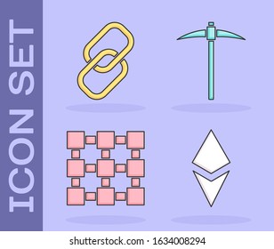Set Cryptocurrency coin Ethereum ETH, Chain link, Blockchain technology and Pickaxe icon. Vector