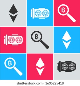 Set Cryptocurrency coin Ethereum ETH, Mining farm and Magnifying glass with Bitcoin icon. Vector