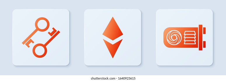 Set Cryptocurrency coin Ethereum ETH, Cryptocurrency key and Mining farm. White square button. Vector