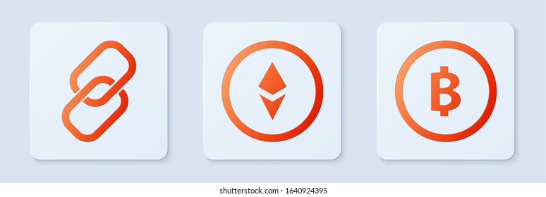 Set Cryptocurrency coin Ethereum ETH, Chain link and Cryptocurrency coin Bitcoin. White square button. Vector