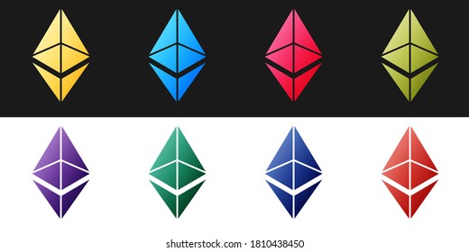 Set Cryptocurrency coin Ethereum ETH icon isolated on black and white background. Digital currency. Altcoin symbol. Blockchain based secure crypto currency. Vector.