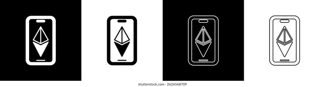 Set Cryptocurrency coin Ethereum ETH icon isolated on black and white background. Altcoin symbol. Blockchain based secure crypto currency.  Vector