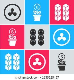 Set Cryptocurrency coin Ripple XRP, Bitcoin plant in the pot and Blockchain technology icon. Vector