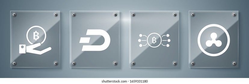 Set Cryptocurrency coin Ripple XRP, Cryptocurrency bitcoin in circle with microchip circuit, Cryptocurrency coin Dash and Hand holding Bitcoin. Square glass panels. Vector
