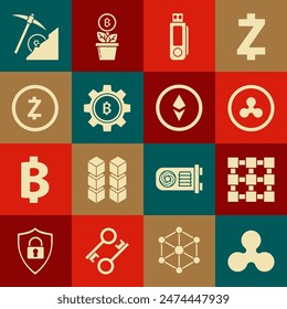 Set Cryptocurrency coin Ripple XRP, Blockchain technology, USB flash drive, Bitcoin, Zcash ZEC, cloud mining and Ethereum ETH icon. Vector