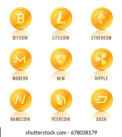 Set of cryptocurrency coin symbols, icons, signs, emblems. Vector illustration.