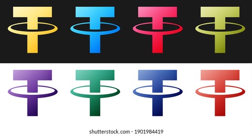 Set Cryptocurrency coin Tether USDT icon isolated on black and white background. Physical bit coin. Digital currency. Blockchain based secure crypto currency. Vector.
