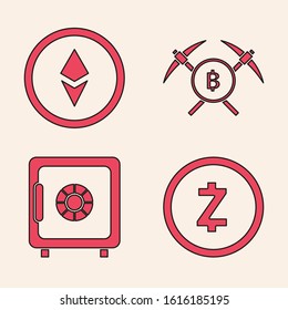 Set Cryptocurrency coin Zcash ZEC, Cryptocurrency coin Ethereum ETH, Crossed pickaxe and Safe icon. Vector