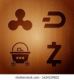 Set Cryptocurrency coin Zcash ZEC, Cryptocurrency coin Ripple XRP, Shopping basket with bitcoin and Cryptocurrency coin Dash on wooden background. Vector