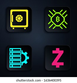 Set Cryptocurrency coin Zcash ZEC, Safe, Server and gear and CPU mining farm. Black square button. Vector
