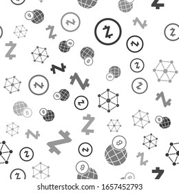 Set Cryptocurrency coin Zcash ZEC, Globe and cryptocurrency coin Bitcoin, Blockchain technology and Cryptocurrency coin Zcash ZEC on seamless pattern. Vector