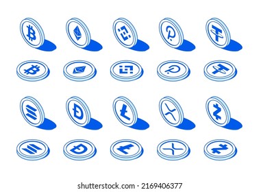 Set of cryptocurrency coins. Bitcoin, Ethereum, Binance, Dogecoin, Ripple etc. 3D isometric illustration. Line style. Isolated vector for presentation, infographic, website, apps and other uses.