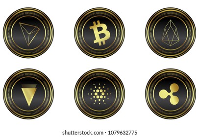 Set of cryptocurrency coins. Black with gold coins. Tron, Bitcoin Cash, Verge, Ripple, Cardano, Eos. 