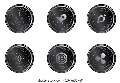 Set of cryptocurrency coins. Black with silver coins. Stellar, Ripple, Bitcoin Gold, EOS, Cardano, ICON. 