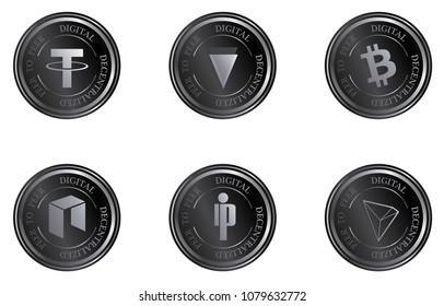 Set of cryptocurrency coins.  Black with silver coins. Verge, Bitcoin Cash, NEO, Populous, Tron, Tether. 