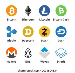 Set of cryptocurrency color vector icons - Bitcoin, ethereum, litecoin, ripple, dogecoin and other; isolated elements.